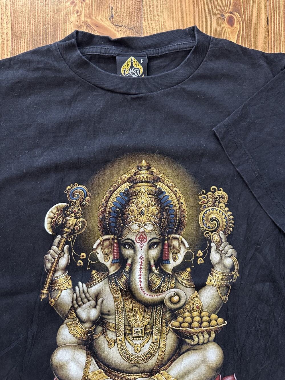 Vintage Thai Thailand Elephant Double Sided 90's Medium Black T-Shirt Gold Art